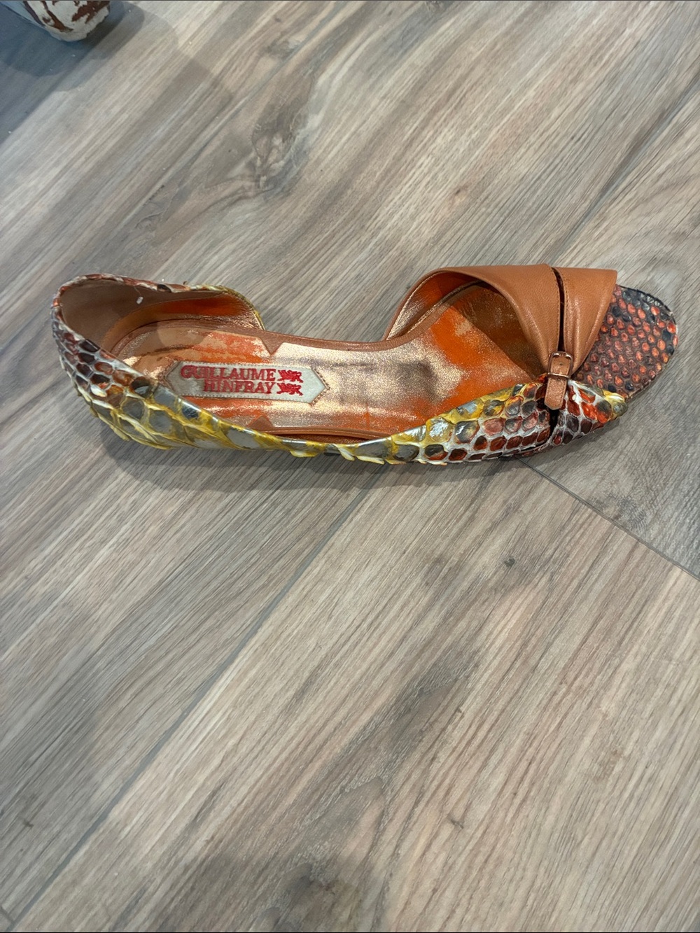GUILLAUME HINFRAY brown Leather Flats with Multicolor Snakeskin Trim SIZE 8 - Picture 5 of 5